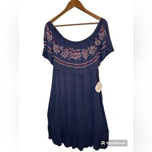 NWT Knox Rose Dress Sz XL Blue On or Off Shoulder Look Embroidery Floral